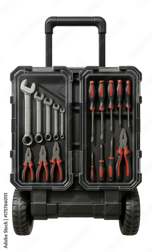 Naklejka premium Wheeled tool organizer with clear lids for easy inventory access in roadside assistance.
