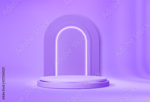 3D purple podium stage with neon arch for product display or promotion stand, vector background. Purple lilac podium with round pedestal and arch with neon light frame for showroom or showcase display