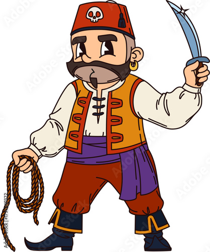 Turkish corsair pirate cartoon funny character. Arabic sailor bandit or captain happy character, turkish pirate fighter cheerful isolated vector personage with knife and rope, wearing fez hat