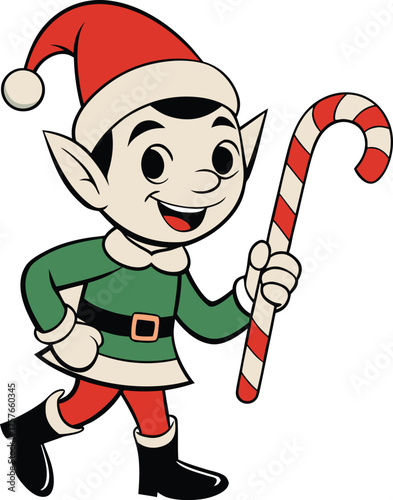 Full-body flat vector cartoon illustration of a cute elf holding a candy cane