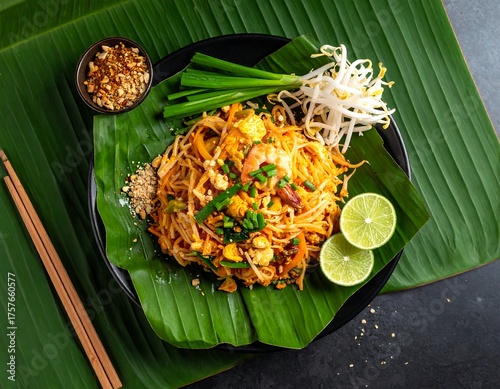 Colorful stir-fried rice noodles dish with fresh garnish
