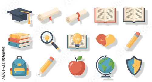 Flat Vector Icon Set Depicting Education Symbols, School Supplies, Learning Concepts, Clean White Background, 2D Material You 2026 Style