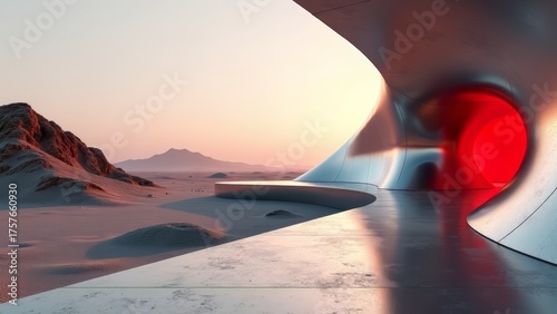 Futuristic architecture in desert landscape with red portal