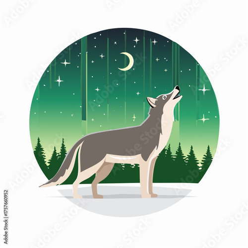 Wolf howling at moonlit sky with aurora borealis