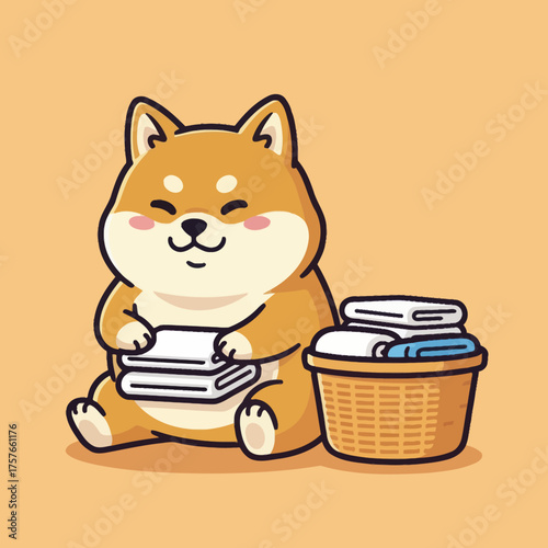 Cute shiba inu dog folding laundry cartoon