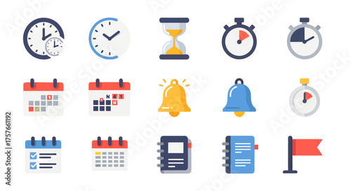 Time Management and Planning Icons, Business Office, Flat Vector Set, White Background, Minimal 2D Style, Innovation Concept