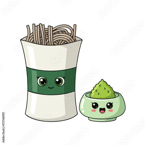Cute soba noodles and wasabi cartoon characters