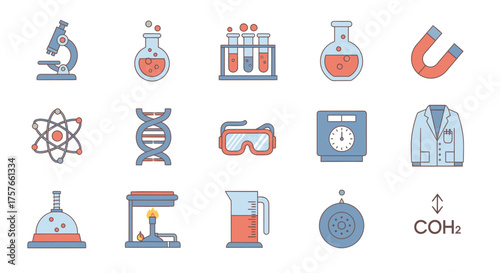 Science Laboratory Equipment Flat Vector Icon Set, Minimal Pastel, White Background, Material You 2026 Concept