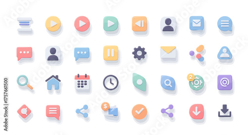 Flat Vector Icon Set, Multimedia and Entertainment Tools, Modern 2D, White Background, Clean Google Material You 2026 Style, Top View, Concept