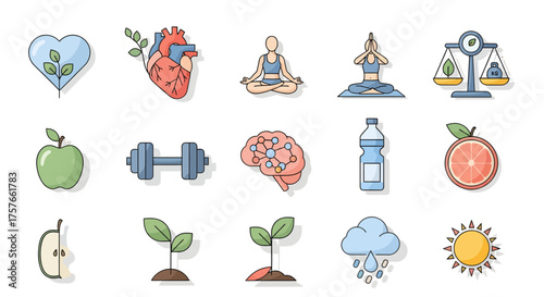Action of Flat Vector Icon Set Illustrating Healthy Lifestyle Elements, White Background, 2D Pastel Design, Concept Wellness