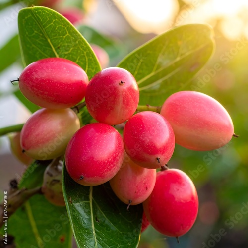 Cluster of ripe, oval-shaped berries on branch with green leaves