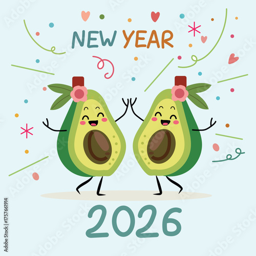 Happy avocado couple dancing in New Year celebration