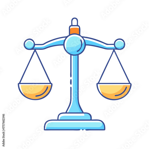 Cartoon balance scales symbolize justice, equality, and impartial judgement with vivid colors