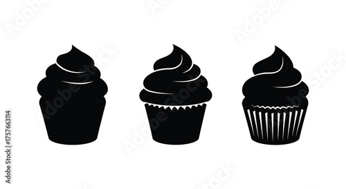 Three stylized black silhouettes of frosted cupcakes arranged in a row against a white background silhouette
