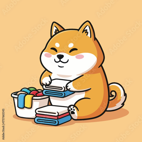 Cute shiba inu dog folding laundry cartoon