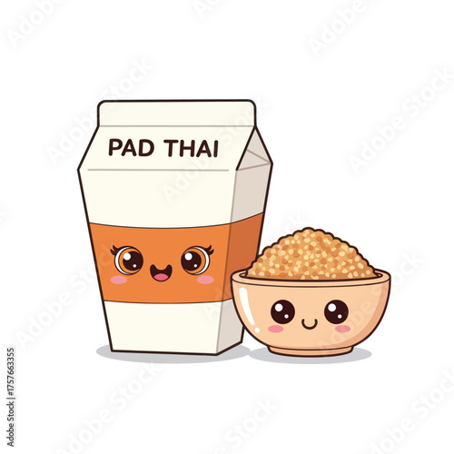Cute kawaii pad thai takeout box and bowl characters