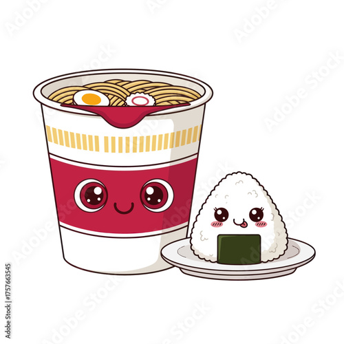 Cute kawaii instant noodles and onigiri characters