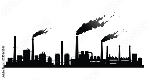 Industrial factory silhouette with smoke billowing from chimneys against a white background silhouette