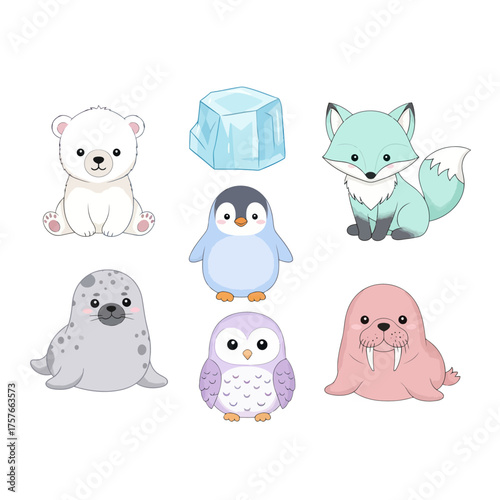 Set of cute cartoon arctic and antarctic animals