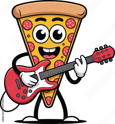 Cartoon rock star guitarist playing an electric guitar in a band