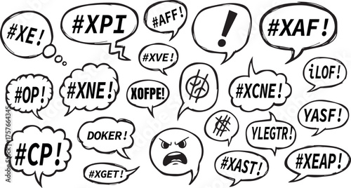 Hand drawn speech bubbles with exclamation marks and hashtags representing communication and online conversation