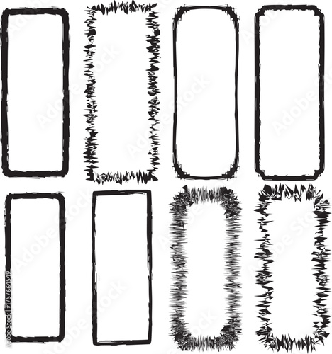 Collection of eight hand drawn rectangular frames with rough textured borders on a white background