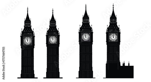 Four iconic big ben clock tower silhouettes against a white background representing london landmarks silhouette