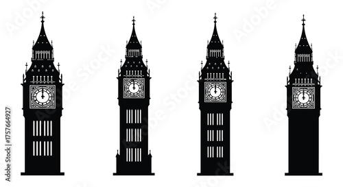 Four distinct silhouettes of the iconic big ben clock tower in london england against a white background silhouette