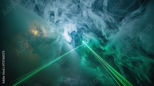 Optical trail paths green laser beams cutting through atmospheric smoke creating dynamic light patterns abstract background technology