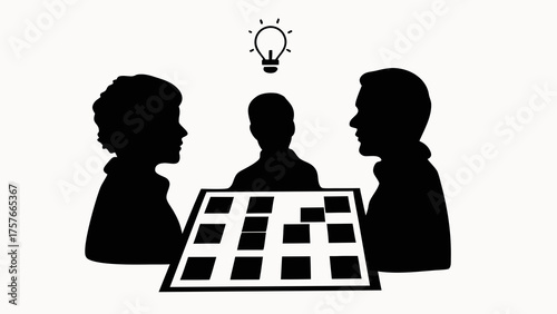 Silhouetted figures brainstorming with lightbulb above a game board in black and white illustration
