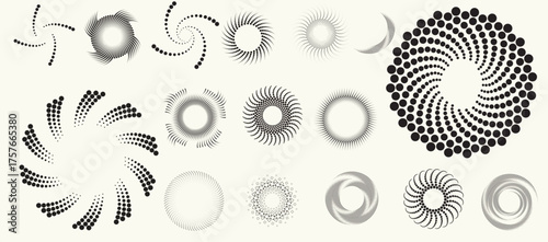 Collection of vector design elements. Set of logos with lines, spirals and circles. Various forms of line and dots design.Vector logo collection. Bundle of circle icons and elements. Set of lines art.