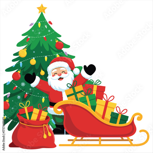 Joyful santa claus with sleigh presents and festive christmas tree for holiday celebrations