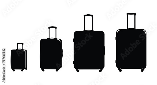 Four black rolling suitcases of varying sizes arranged in a row silhouette