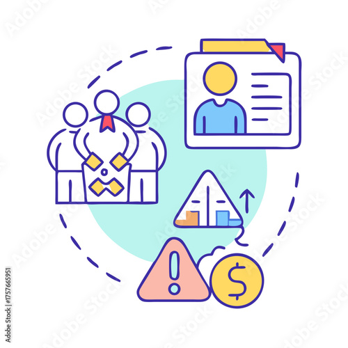 Illustration of a company bankruptcy process with warning signs and team dynamics