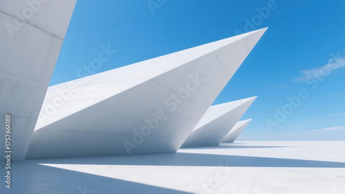 Modern white architectural structures with sharp angles under a clear blue sky, showcasing minimalist design.