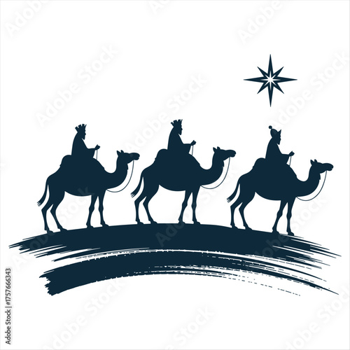Silhouette of three wise men riding camels under a starry night sky