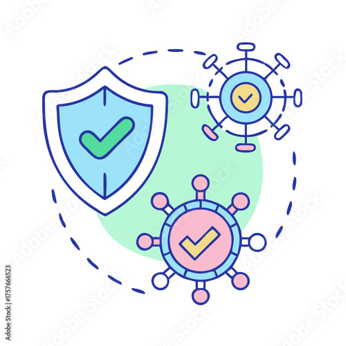 Virus Protection System Illustration with Green Shield, Checkmarks, and Colorful Viruses