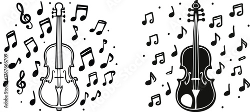 Romantic Violin with Floating Music Notes Minimal Line Drawing
