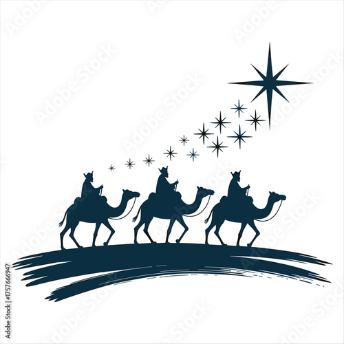 Silhouetted three wise men on camels following star of bethlehem nativity scene