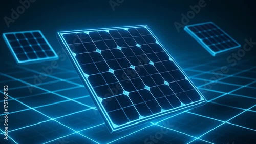 Futuristic solar panels with glowing edges, representing clean energy technology and innovation in renewable resources.