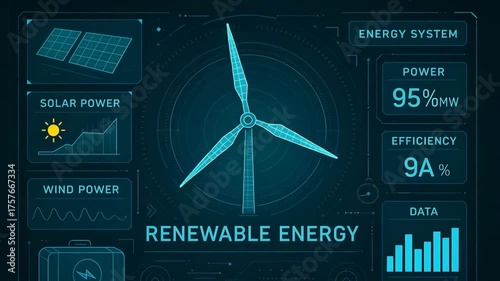 Illustration of renewable energy system showcasing solar and wind power along with efficiency data and energy metrics.