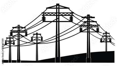Silhouette of multiple power poles and electrical wires against a stark white background