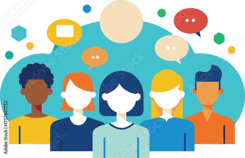 Diverse group of people communicating with speech bubbles and icons representing ideas and connection on illustration