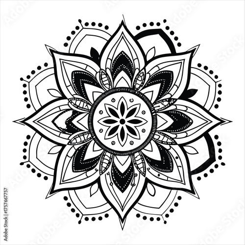 An intricate black and white mandala design. This symmetrical pattern features floral and geometric elements, creating a visually stunning and balanced composition.