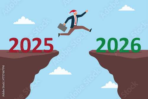 Vector illustration of a businessman wearing a santa hat jumping over a hill from 2025 to 2026, representing new year transition, celebration, fresh opportunities, and future achievements