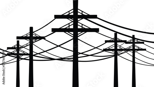 Silhouette of multiple utility poles with tangled power lines against a white background