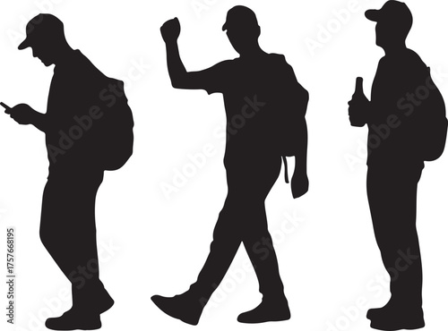 Silhouette travelers with backpack and accessories