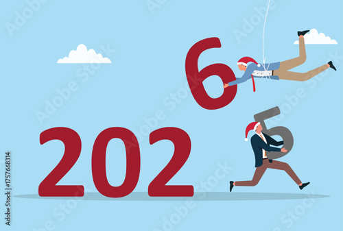 vector illustration of two businessmen replacing the number 5 with 6 to form 2026, symbolizing the transition from 2025 to 2026, new year celebration, and fresh beginnings
