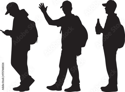 Silhouette of three backpacking travelers
