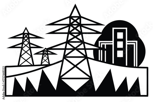 Stylized black and white illustration of electricity pylons and a power station building against a dark oval shape